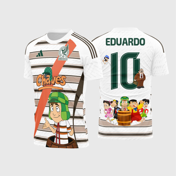 Arte Vetor Camisa Interclasse Jogos Escolares Turma do Chaves Seu Madruga Seleção do México Branca Listrada para Sublimação