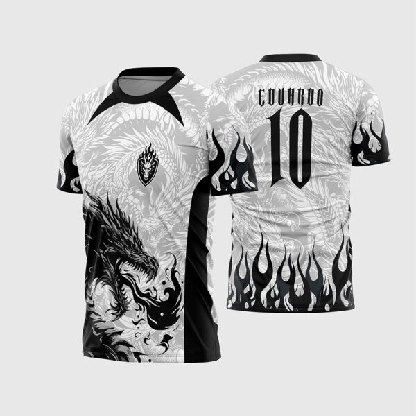 Arte Vetor Template Camisa Interclasse Mascote Dragao Fogo Preta Branca 2026 Eduardo 10 Oficial para Sublimacao CorelDRAW