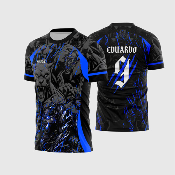 Arte Vetor Camisa Interclasse Jogos Internos eSports Pantera Negra Fogo Azul Raios Garras para Sublimação