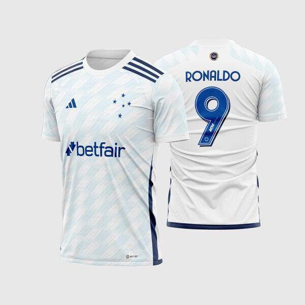 Arte Vetor Template Camisa Cruzeiro Reserva Away 2 Branca 2023 2024 Ronaldo 9 Estrelas Soltas Oficial para Sublimação
