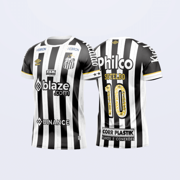 Arte Vetor Template Camisa Santos Reserva Away 2 Listrada Preta Branca 2023 2024 Soteldo 10 Coroa Pele Oficial para Sublimação