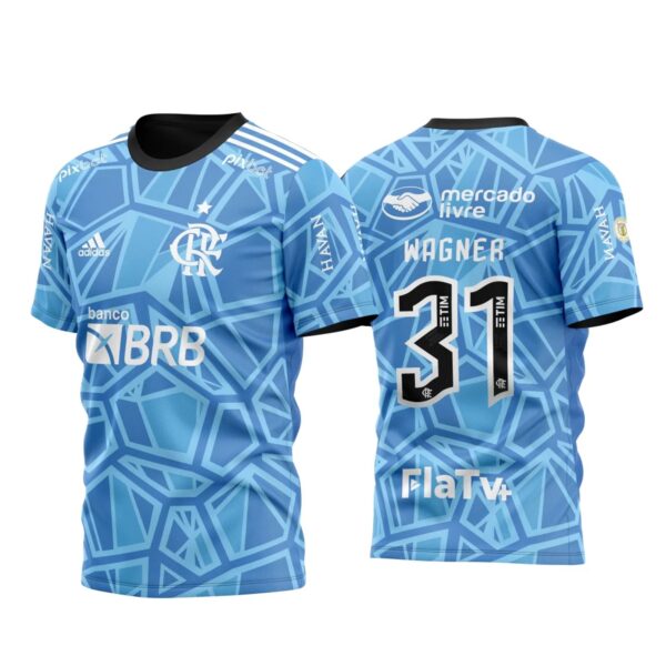 Arte Vetor Template Camisa Flamengo Goleiro Titular Azul 2022 2023 Wagner 31 Padrao Geometrico Oficial para Sublimação