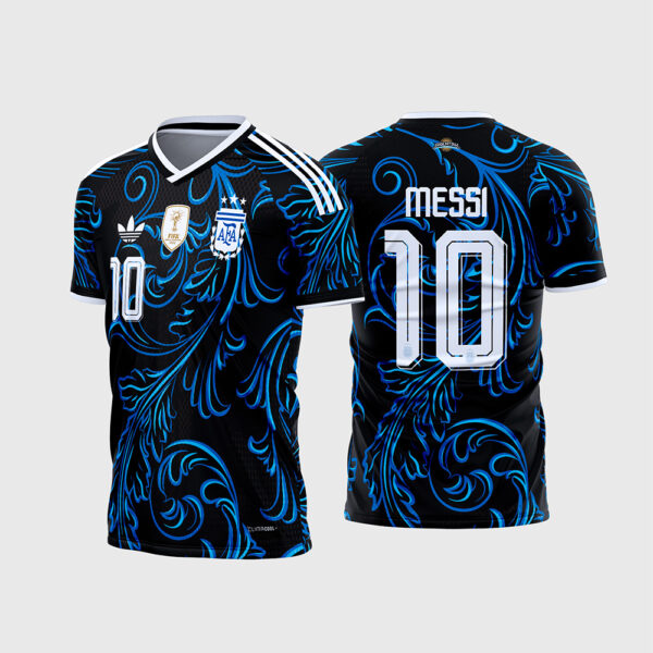 Arte Vetor Template Camisa Seleção Argentina Reserva Away 2026 2028 Preta Arabescos Florais Azul Messi 10 Oficial para Sublimacao CorelDRAW