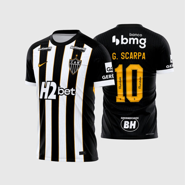Arte Vetor Template Camisa Clube Atlético Mineiro Galo Titular Home 2026 Alvinegra Listras Dourado G Scarpa 10 Oficial para Sublimacao CorelDRAW