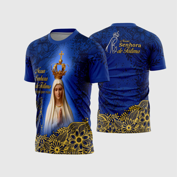 Arte Vetor Template Camisa Devocional Religiosa Nossa Senhora de Fatima Azul Fotorrealista Renda Floral Ouro Sublimacao CorelDRAW