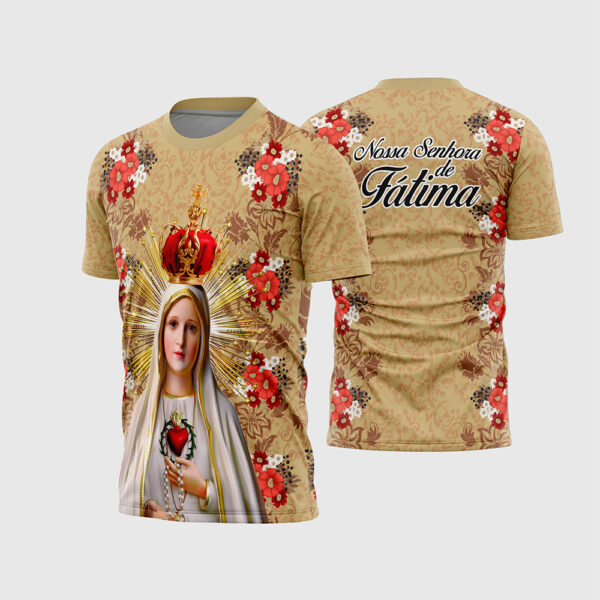 Arte Vetor Template Camisa Devocional Religiosa Nossa Senhora de Fatima Modelo 02 Bege Coracao Imaculado Flores Vermelhas Sublimacao CorelDRAW