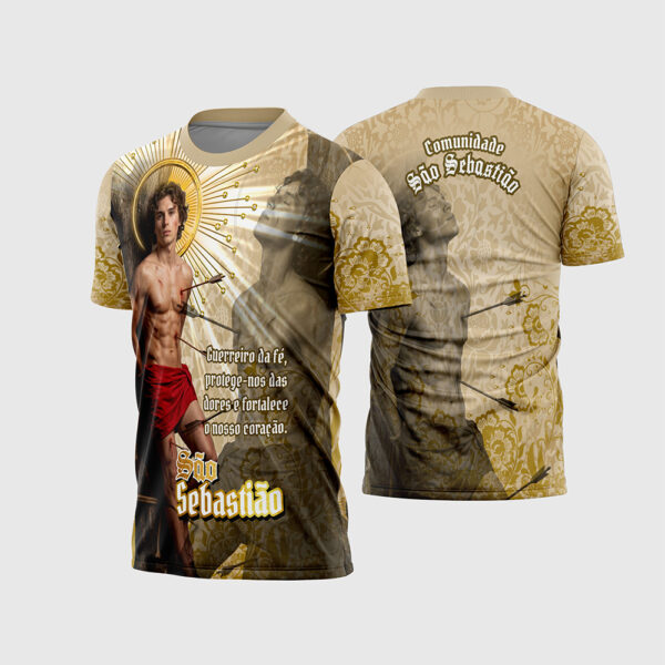 Arte Vetor Template Camisa Devocional Religiosa Sao Sebastiao 2026 Exclusiva Fotorrealista Ouro Bege Textura Floral Sublimacao CorelDRAW