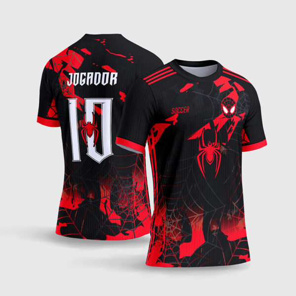 Arte Vetor Template Camisa Interclasse Jogos Escolares Time Homem Aranha Teias Fundo Preto Vermelho Super Heroi Sublimacao CorelDRAW