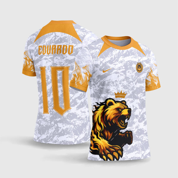 Arte Vetor Template Camisa Interclasse Jogos Escolares Equipe Urso Dourado Coroa Fundo Branco Chamas Sublimacao CorelDRAW