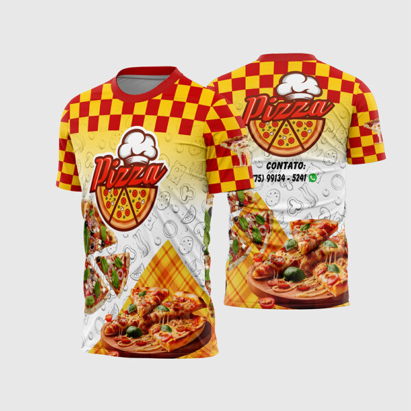 Arte Vetor Template Camisa Uniforme Profissao Pizzaria Modelo 01 Xadrez Vermelho Amarelo Fotorrealista Pizza Contato Sublimacao CorelDRAW
