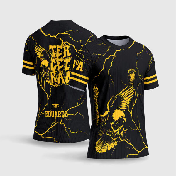 Arte Vetor Template Camisa Terceirao 2026 Formatura Aguia Amarela Ouro Raios Eletricos Fundo Preto Sublimacao CorelDRAW