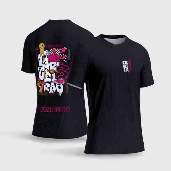 Arte Vetor Template Camisa Formatura Escolar Terceirao Colagem Urbana Rosa Pink Smiley Cerebro Preto Oficial para Sublimacao CorelDRAW