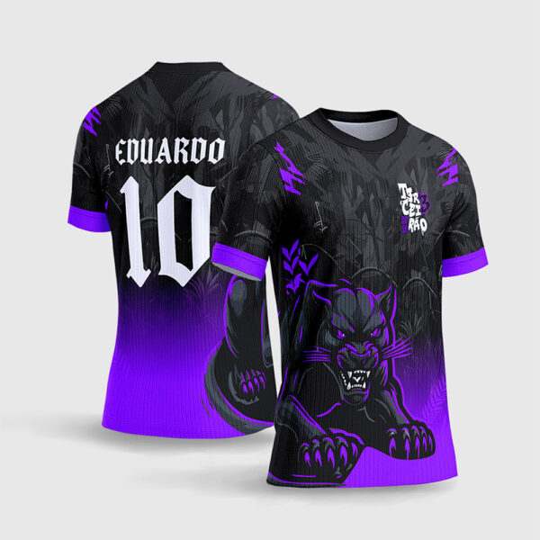 Arte Vetor Template Camisa Formatura Escolar Terceirao Pantera Negra Degrade Roxa Violeta Folhagens Selva Oficial para Sublimacao CorelDRAW