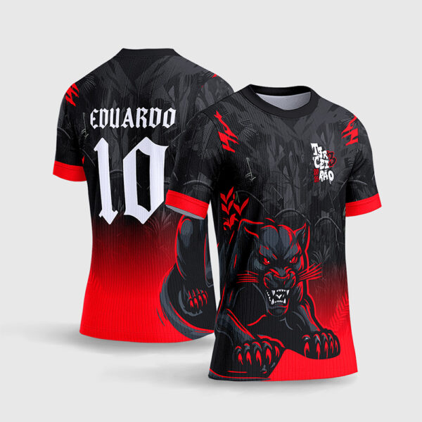 Arte Vetor Template Camisa Formatura Escolar Terceirao Pantera Negra Degrade Vermelha Sangue Folhagens Selva Oficial para Sublimacao CorelDRAW