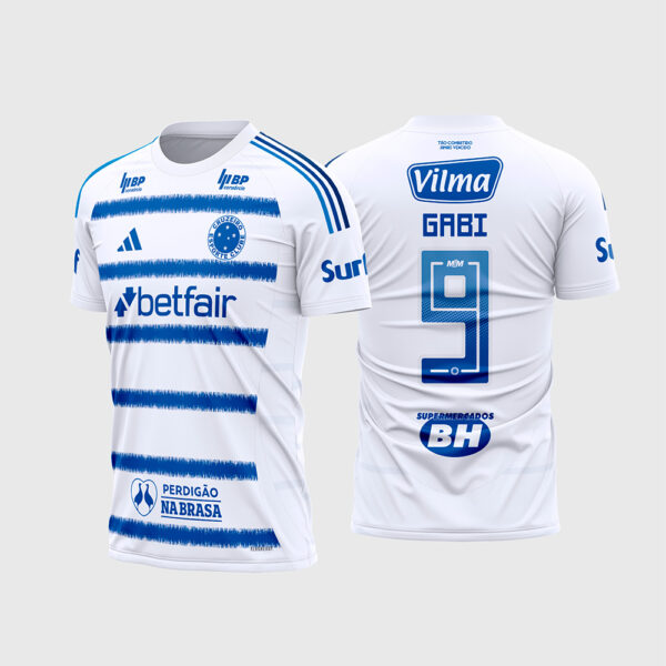 Arte Vetor Template Camisa Reserva Cruzeiro 2025 2026 Branca Listras Horizontais Pinceladas Azul Oficial para Sublimacao CorelDRAW