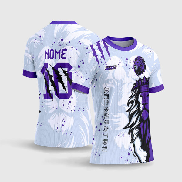 Arte Vetor Template Camisa Interclasse Jogos Escolares Time Leao Rei Coroado Fundo Branco Roxo Kanjis Marcas Garra Sublimacao CorelDRAW