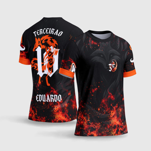 Arte Vetor Template Camisa Interclasse Jogos Escolares Time Raposa Terceirao Fogo Laranja Chamas Fundo Preto Sublimacao CorelDRAW