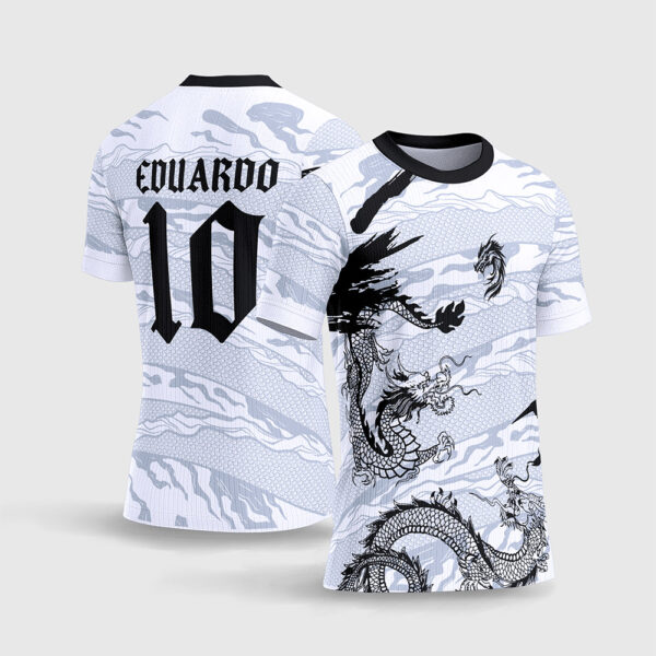 Arte Vetor Template Camisa Interclasse Jogos Escolares Time Dragao Oriental Branco Preto Textura Nuvens Sublimacao CorelDRAW