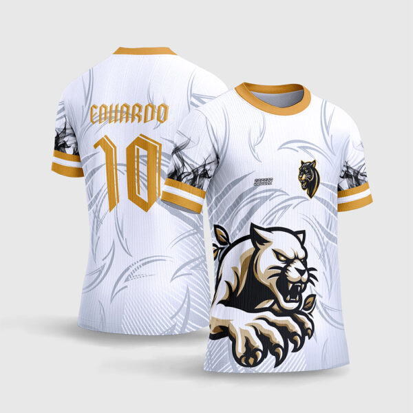 Arte Vetor Template Camisa Interclasse Jogos Escolares Time Pantera Branca Ouro Dourado Fumaca Preta Fundo Claro Sublimacao CorelDRAW