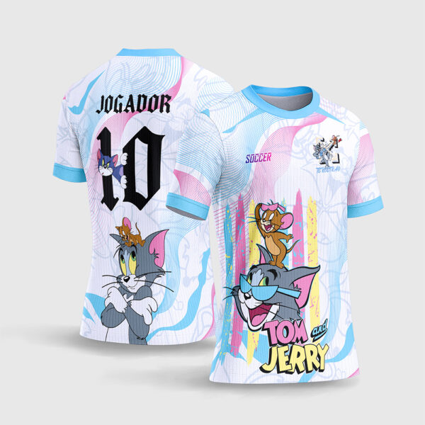 Arte Vetor Template Camisa Interclasse Jogos Escolares Terceirao Tom e Jerry Fundo Branco Pinceladas Cores Pasteis Sublimacao CorelDRAW
