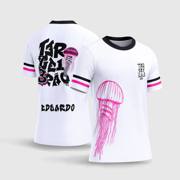 Arte Vetor Template Camisa Formatura Escolar Terceirao Agua Viva Medusa Rosa Pink Neon Branca Oficial para Sublimacao CorelDRAW