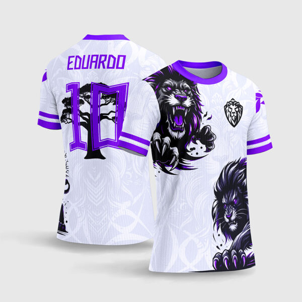 Arte Vetor Template Camisa Interclasse Jogos Escolares Time Leao Branco Roxo Fundo Floral Arvore Savana Sublimacao CorelDRAW