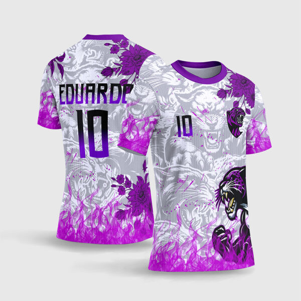 Arte Vetor Template Camisa Interclasse Jogos Escolares Time Onca Pintada Roxa Flores Chamas Fundo Texturizado Sublimacao CorelDRAW