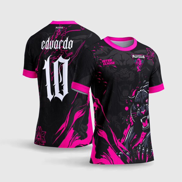 Arte Vetor Template Camisa Interclasse Jogos Escolares Time Pantera Negra Rosa Fundo Preto Garras Fonte Gotica Sublimacao CorelDRAW