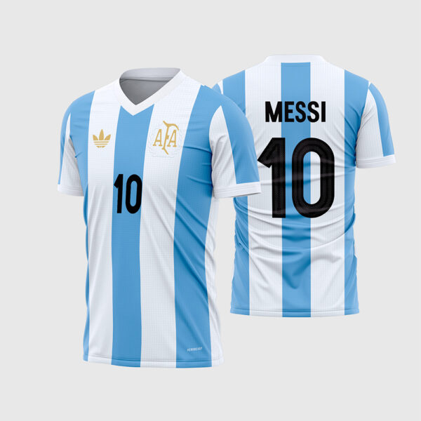 Arte Vetor Template Camisa Seleção Argentina Especial 50 Anos Retro Albiceleste Logos Dourados Messi 10 Oficial para Sublimacao CorelDRAW