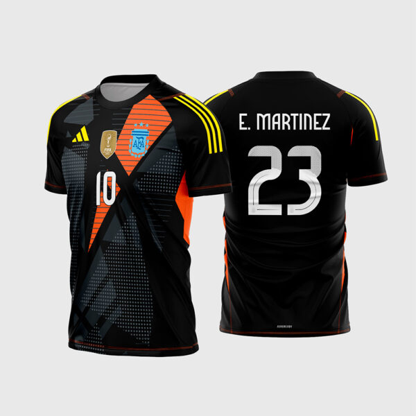 Arte Vetor Template Camisa Seleção Argentina Goleiro 2024 2025 Preta Grafismos Laranja Dibu Martinez 23 Oficial para Sublimacao CorelDRAW