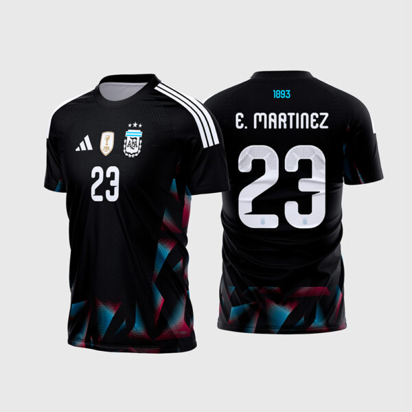 Arte Vetor Template Camisa Seleção Argentina Goleiro 2026 2028 Preta Grafismos Ciano Rosa Dibu Martinez 23 Oficial para Sublimacao CorelDRAW