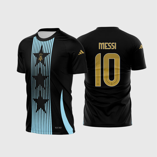 Arte Vetor Template Camisa Seleção Argentina Pre-Jogo Aquecimento 2024 2025 Preta Listras Celestes 3 Estrelas Messi 10 Oficial para Sublimacao CorelDRAW
