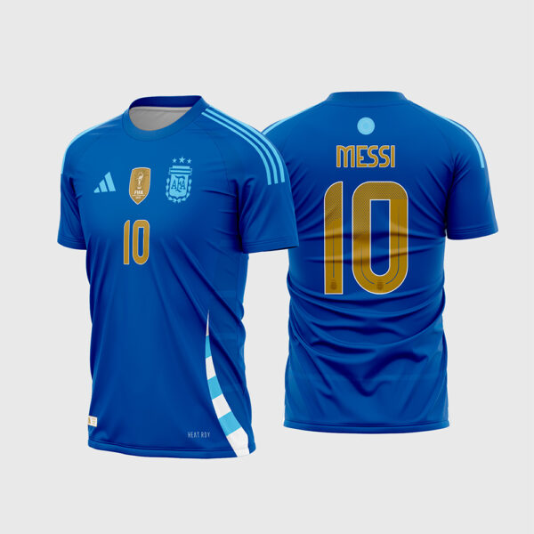 Arte Vetor Template Camisa Seleção Argentina Reserva 2024 2025 Azul Dourado Messi 10 Tres Estrelas Oficial para Sublimacao CorelDRAW