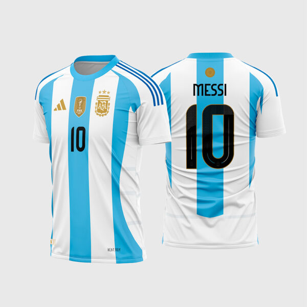 Arte Vetor Template Camisa Seleção Argentina Titular 2024 2025 Albiceleste Listrada 3 Estrelas Patch FIFA Messi 10 Oficial para Sublimacao CorelDRAW