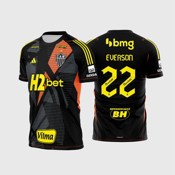 Arte Vetor Template Camisa Clube Atlético Mineiro Galo Goleiro 2024 2025 Preta Grafismos Laranja Amarelo Everson 22 Patrocinadores Oficial para Sublimacao CorelDRAW