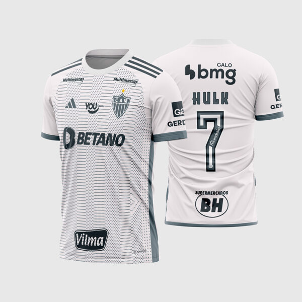 Arte Vetor Template Camisa Clube Atlético Mineiro Galo Reserva 2024 2025 Branca Grafismos Pontilhados Hulk 7 Patrocinadores Oficial para Sublimacao CorelDRAW