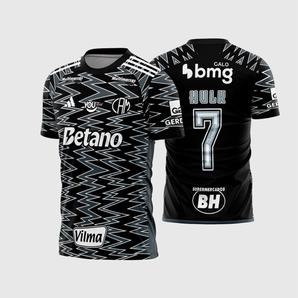 Arte Vetor Template Camisa Clube Atlético Mineiro Galo Terceira 3 2024 2025 Preta Zigzag Escudo Retro CAM Hulk 7 Patrocinadores Oficial para Sublimacao CorelDRAW