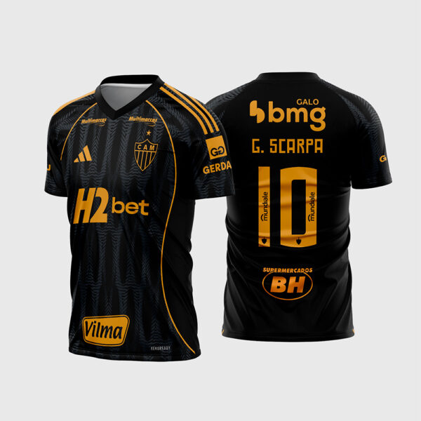 Arte Vetor Template Camisa Clube Atlético Mineiro Galo Terceira 2025 2026 Preta Laranja Dourado Escudo Retro G Scarpa 10 Oficial para Sublimacao CorelDRAW
