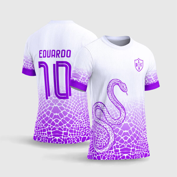 Arte Vetor Template Camisa Interclasse Jogos Escolares Time Cobra Serpente Branca Roxa Textura Escamas Degradê Sublimacao CorelDRAW
