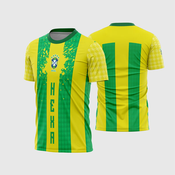 Arte Vetor Template Camisa Brasil Selecao Hexa 2026 Listras Verdes Respingos Tinta Textura Escudos Sublimacao CorelDRAW