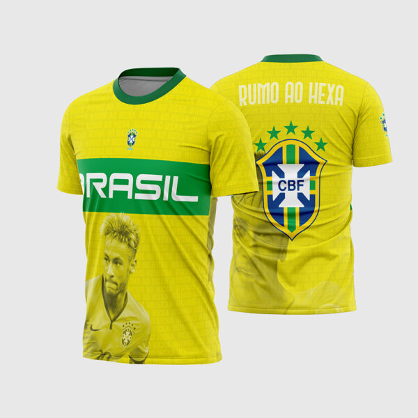 Arte Vetor Template Camisa Brasil Selecao Neymar Jr Rumo Ao Hexa Copa 2026 Escudo CBF 6 Estrelas Marca D'agua Sublimacao CorelDRAW