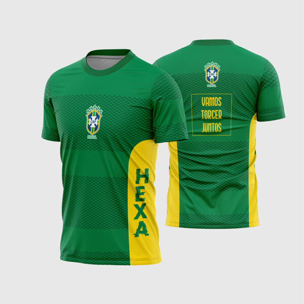 Arte Vetor Template Camisa Brasil Selecao Verde Amarelo Textura Geometrica Losangos Vamos Torcer Juntos Sublimacao CorelDRAW