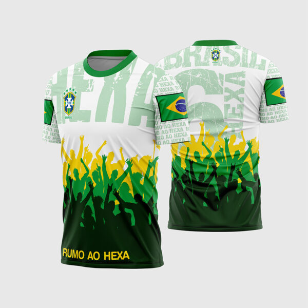 Arte Vetor Template Camisa Selecao Brasileira Rumo Ao Hexa Copa 2026 Torcida Silhueta Verde Amarelo Sublimacao CorelDRAW
