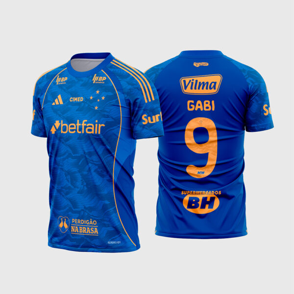 Arte Vetor Template Camisa Terceira Cruzeiro 2025 2026 Azul Vibrante Detalhes Laranja Textura Topografica Mapa Oficial para Sublimacao CorelDRAW