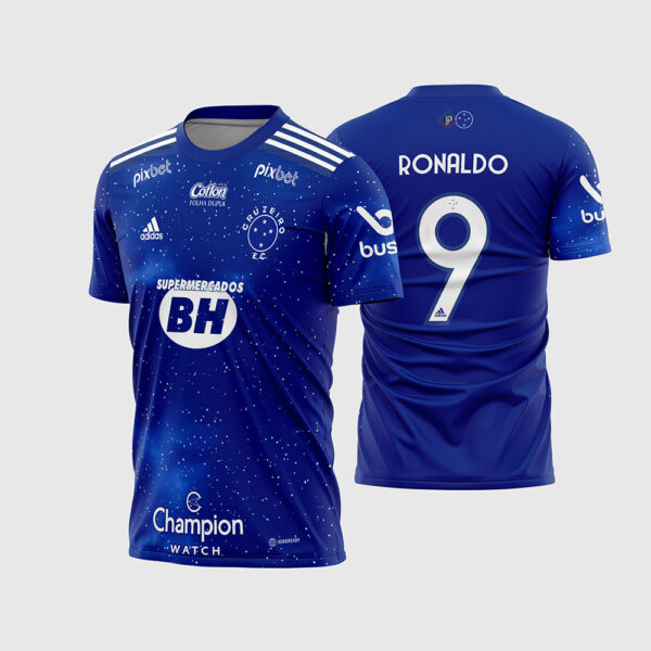 Arte Vetor Template Camisa Titular Cruzeiro 2022 2023 Azul Ceu Estrelado Galaxia Ronaldo 9 Oficial para Sublimacao CorelDRAW