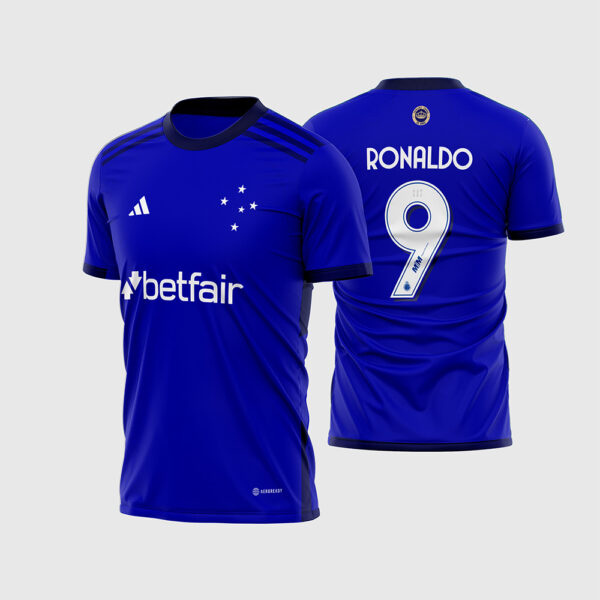 Arte Vetor Template Camisa Titular Cruzeiro 2023 2024 Azul Royal Marinho Ronaldo 9 Oficial para Sublimacao CorelDRAW