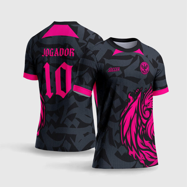 Arte Vetor Template Camisa Interclasse Jogos Escolares Time Fenix Rosa Magenta Pink Fundo Camuflado Escuro Sublimacao CorelDRAW