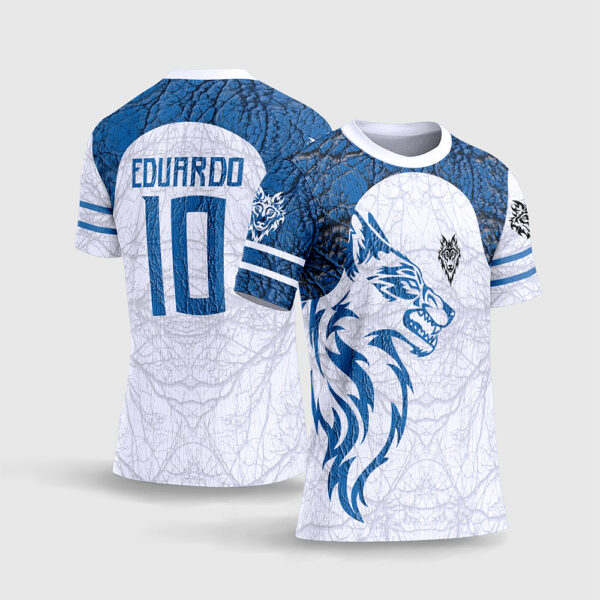 Arte Vetor Template Camisa Interclasse Jogos Escolares Time Lobo Azul Branca Textura Rachada Tribal Sublimacao CorelDRAW