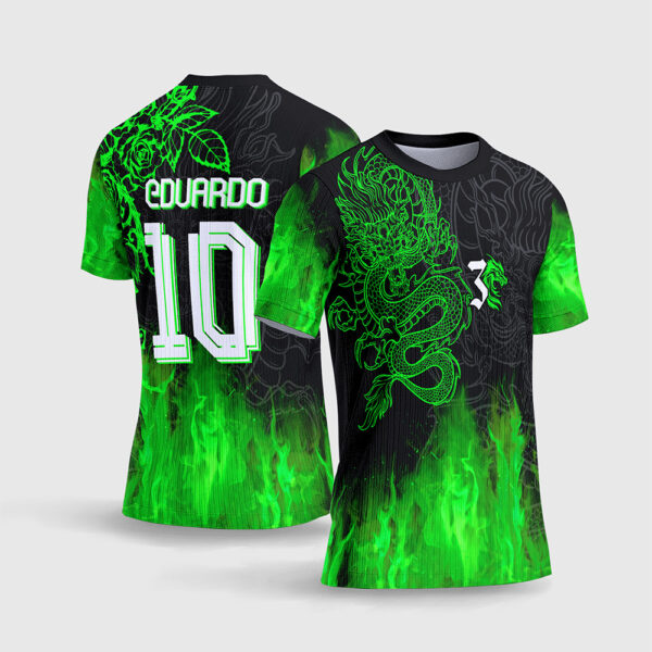 Arte Vetor Template Camisa Interclasse Jogos Escolares Time Dragao Fogo Verde Neon Chamas Radioativas Fundo Preto Sublimacao CorelDRAW