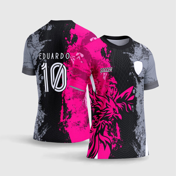 Arte Vetor Template Camisa Interclasse Jogos Escolares Time Fenix Rosa Cinza Grunge Assimetrico Respingos Sublimacao CorelDRAW